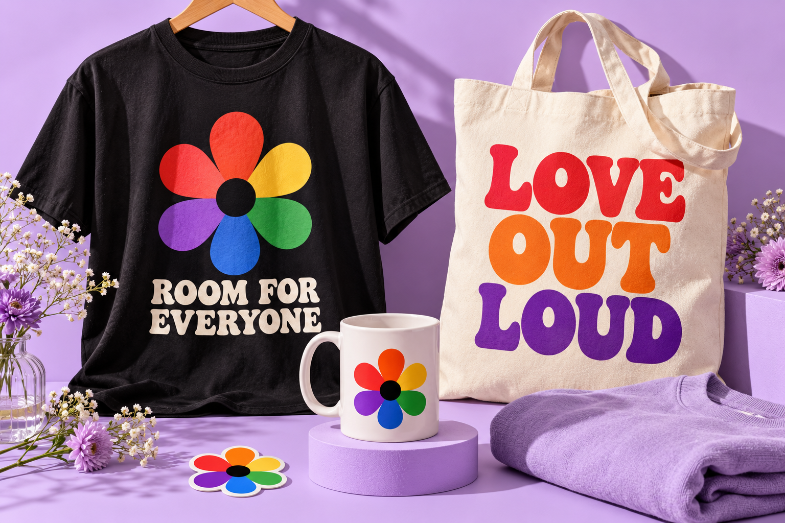 Original rainbow flower shirt, Love Out Loud tote, and rainbow mug merchandise concepts