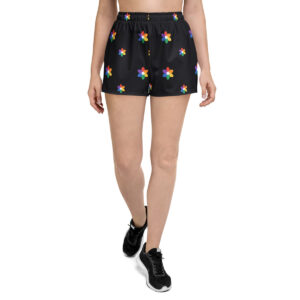 Rainbow Bloom Athletic Shorts in Rainbow bloom on black — Printful product mockup